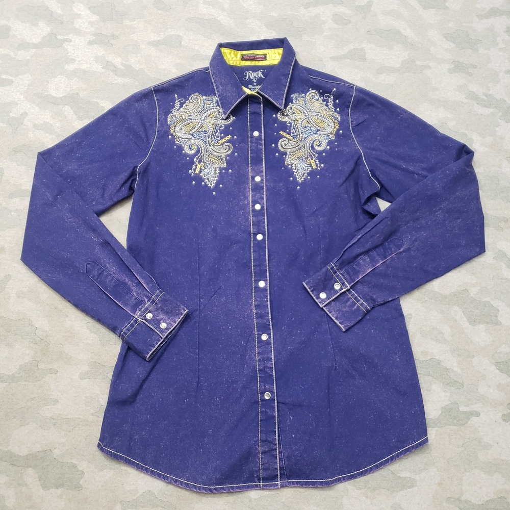 Wrangler Rock 47 Top Womens Medium Blue Pearl Snap Rodeo Embroidered Western